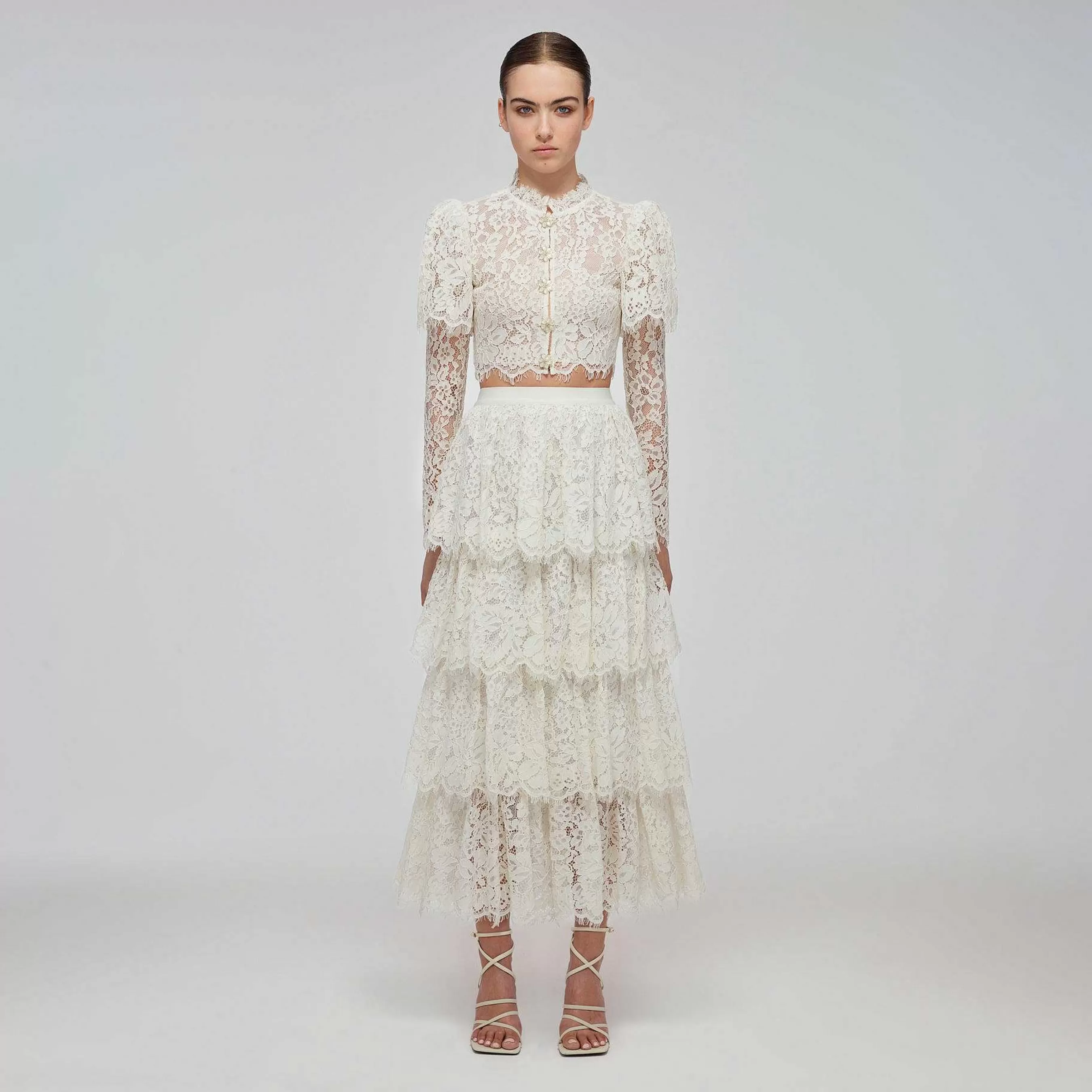 Self-portrait Bunner>Ivory Corded Lace Tiered Midi-Skjort