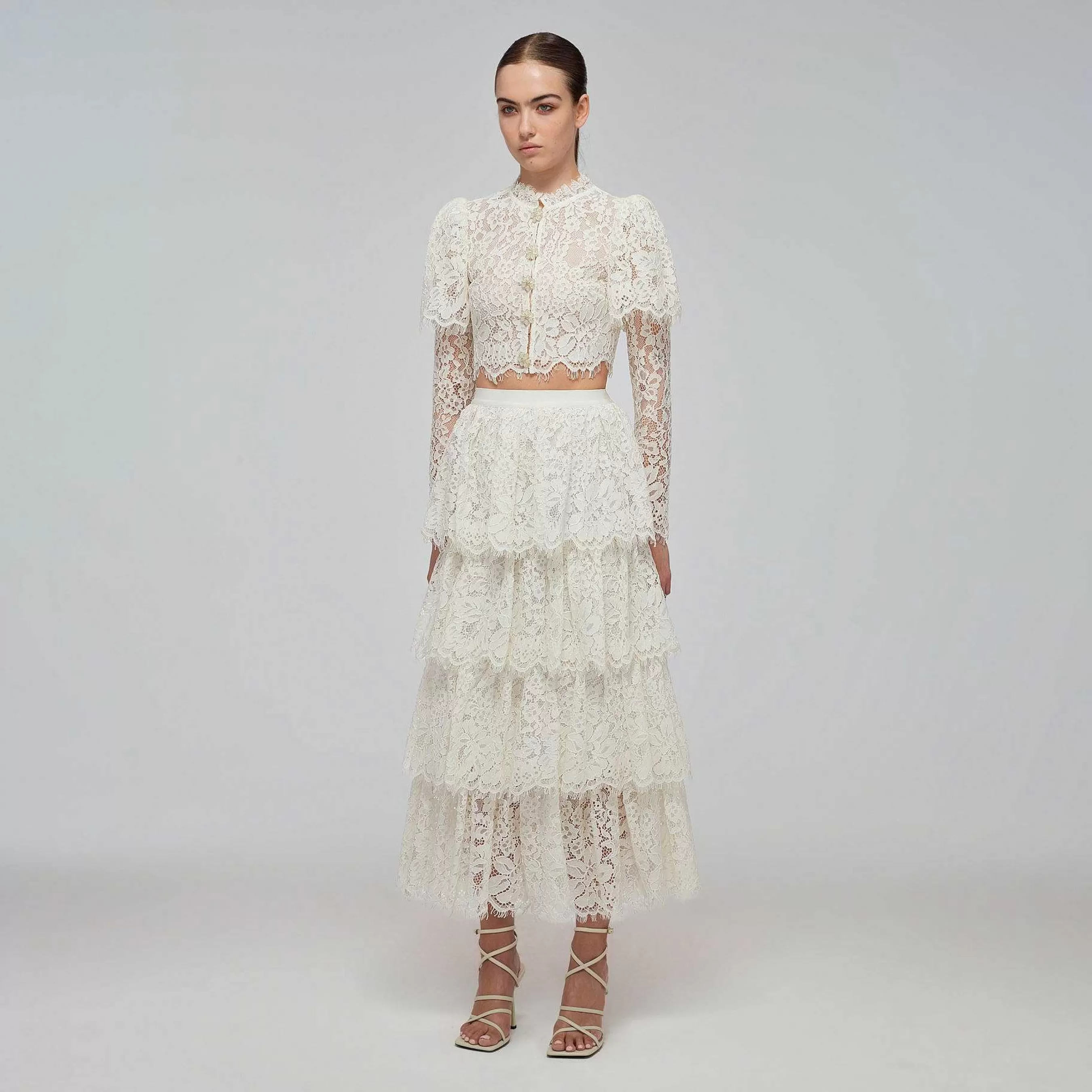 Self-portrait Bunner>Ivory Corded Lace Tiered Midi-Skjort
