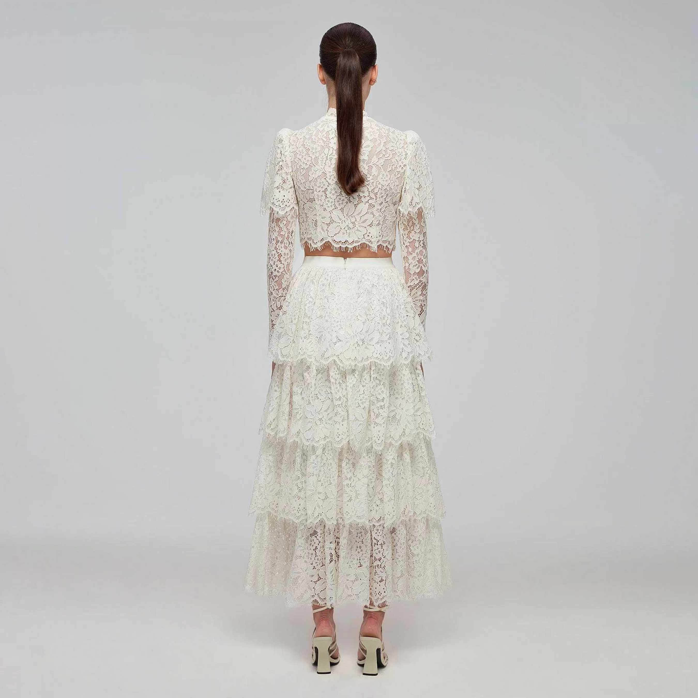 Self-portrait Bunner>Ivory Corded Lace Tiered Midi-Skjort