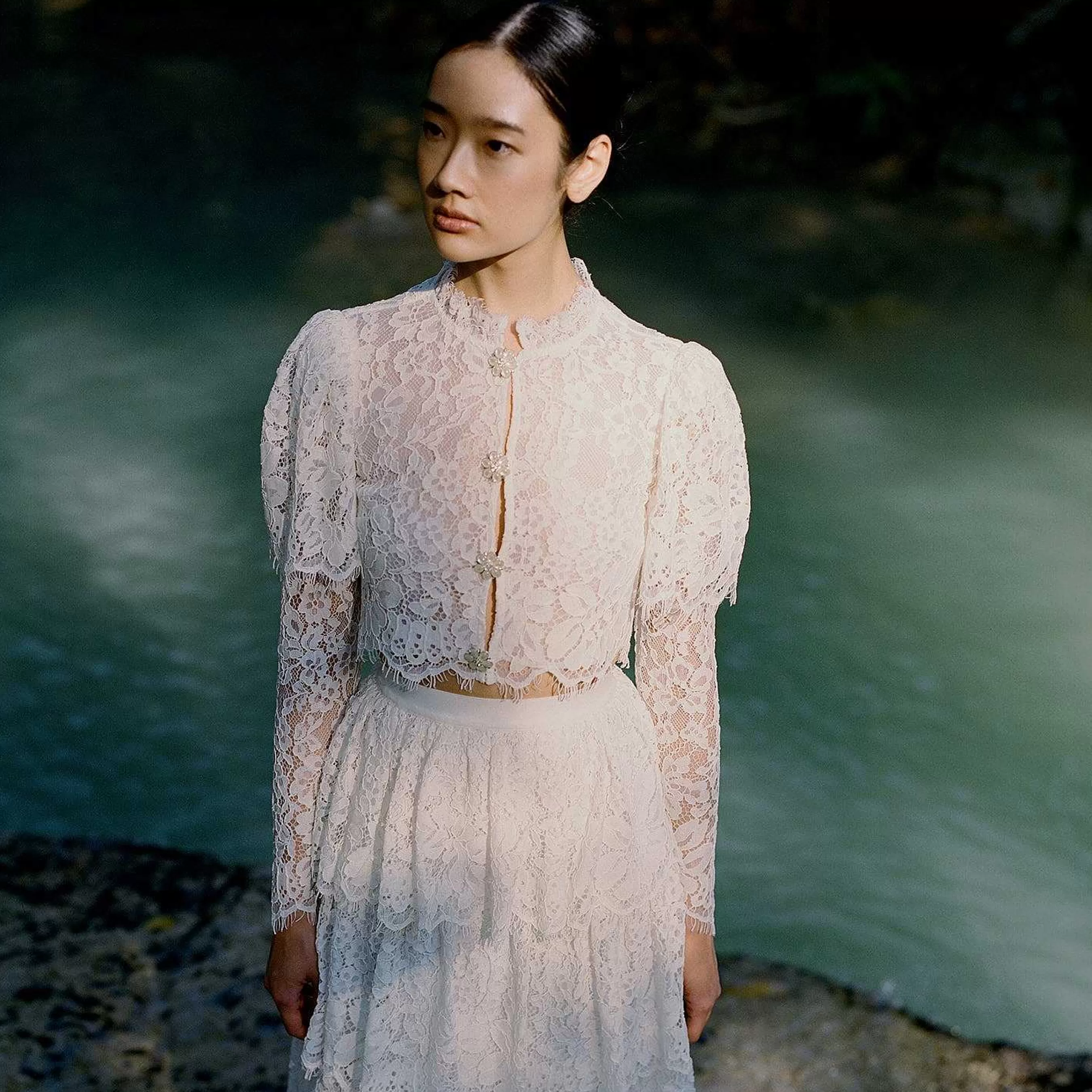 Self-portrait Bunner>Ivory Corded Lace Tiered Midi-Skjort