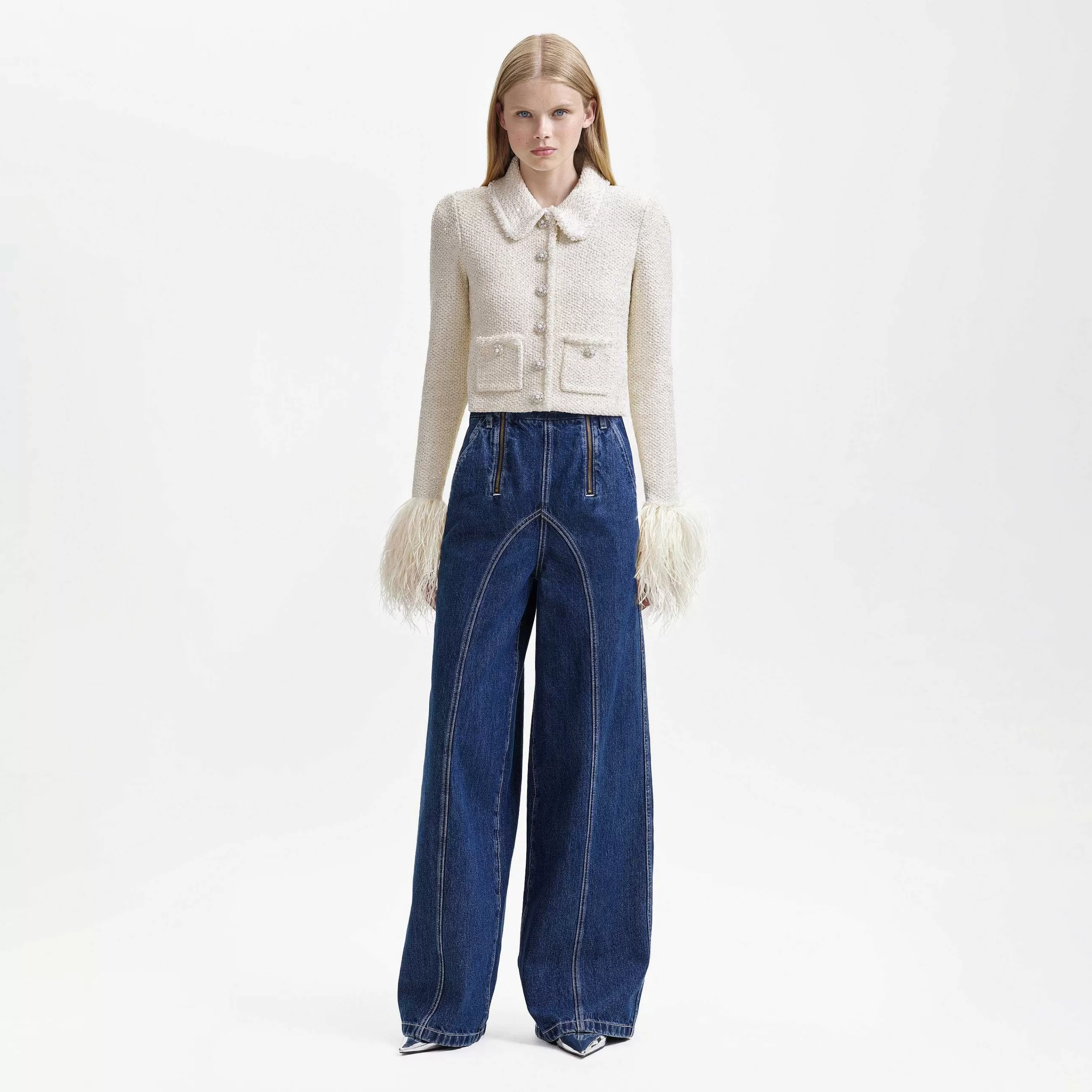 Self-portrait Strikkevarer>Kremfarget Paljett Pearl Cropped Feather Cardigan
