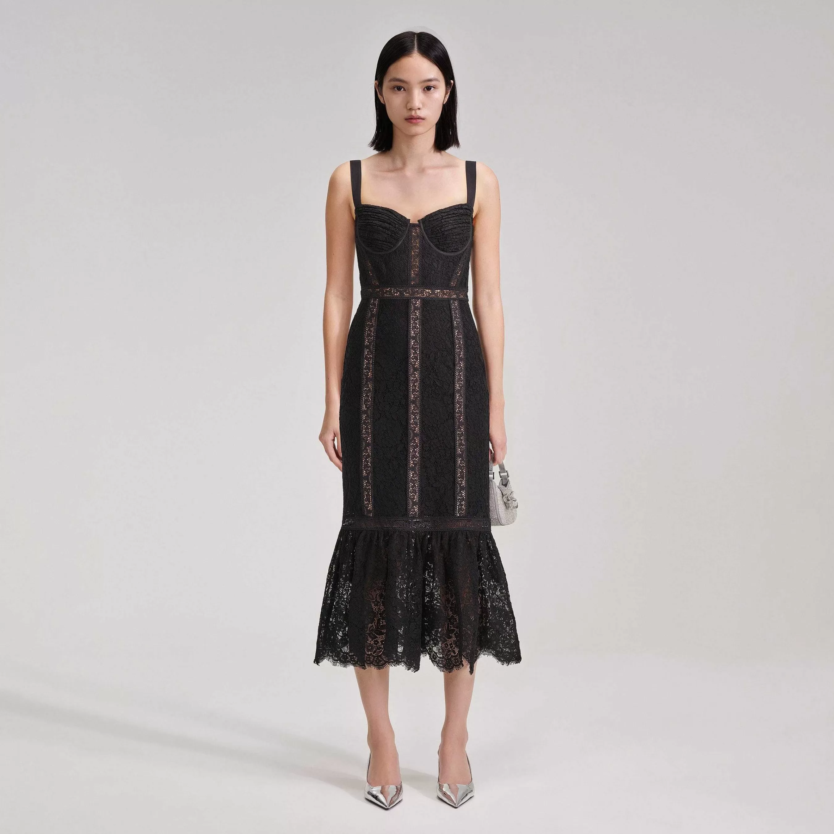 Self-portrait Kjoler>Sort Cord Lace Insert Midi-Kjole