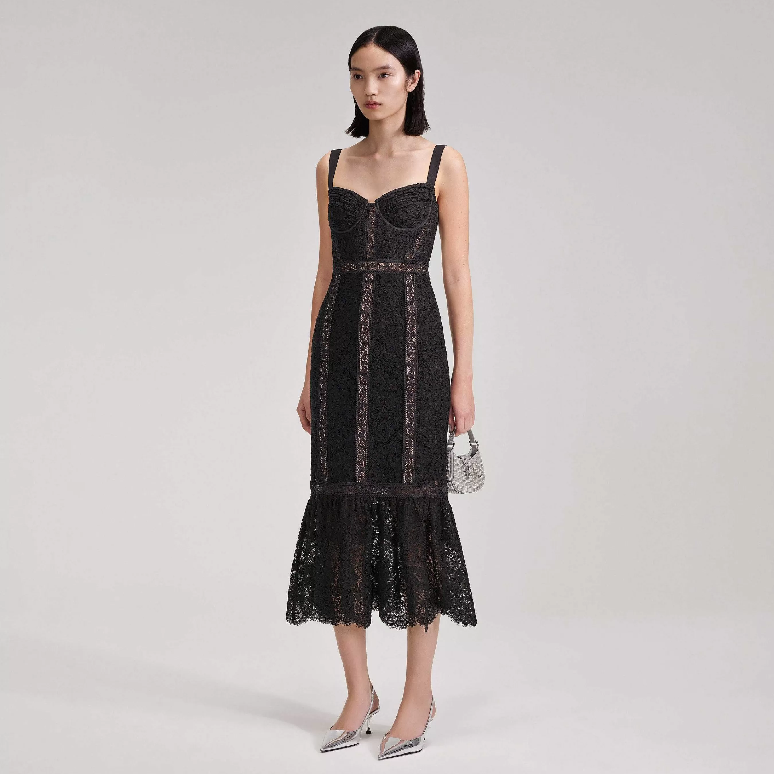 Self-portrait Kjoler>Sort Cord Lace Insert Midi-Kjole